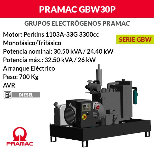 Grupo electrógeno Pramac GBW30P abierto