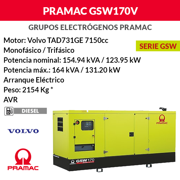 Gruppo elettrogeno insonorizzato Pramac GSW170V