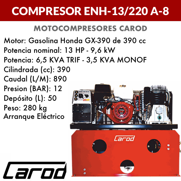 Compresor de aire para taller móvil Carod ENH-13/220 A-8 AE con Motor de gasolina Honda
