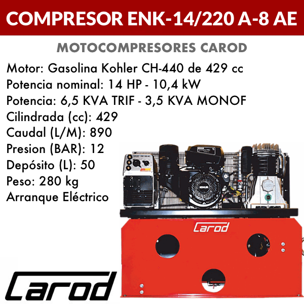 Compresor de aire para taller móvil Carod ENK-14/220 A-8 AE con Motor de gasolina Kohler Lombardini