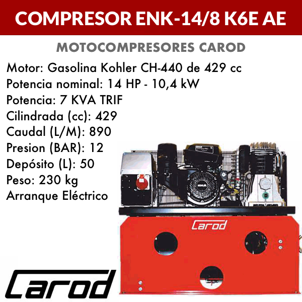 Compresor de aire para taller móvil Carod ENK-14/8 K6E AE con Motor de gasolina Kohler Lombardini