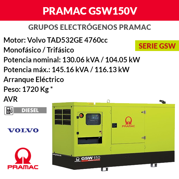 Gruppo elettrogeno insonorizzato Pramac GSW150V